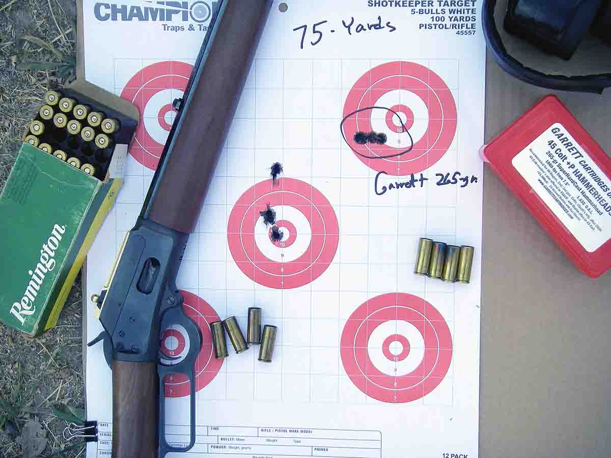 All three Marlin rifles proved accurate with select loads. The Model 1894 Cowboy .45 Colt grouped some loads inside one inch at 75 yards.